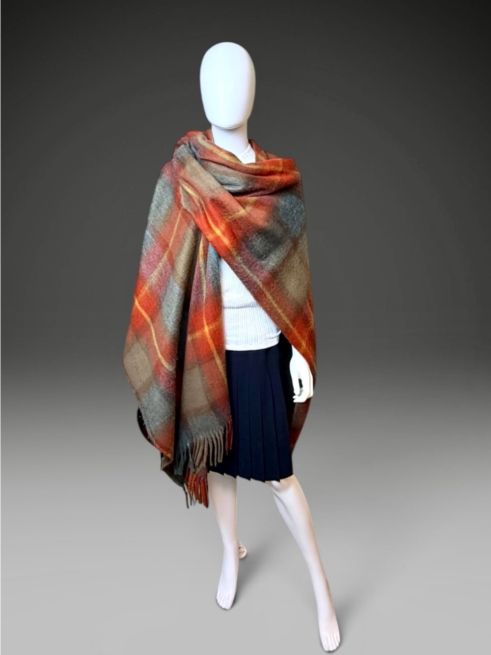 Vintage Wool Plaid Shawl Wrap Orange Gray Tan Fringe OS